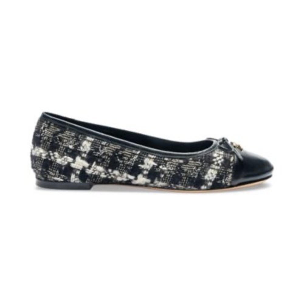 Bruno Magli Womens Tweed Cap Toe Ballet Flats Black White Gold Logo Charm‎ Bow